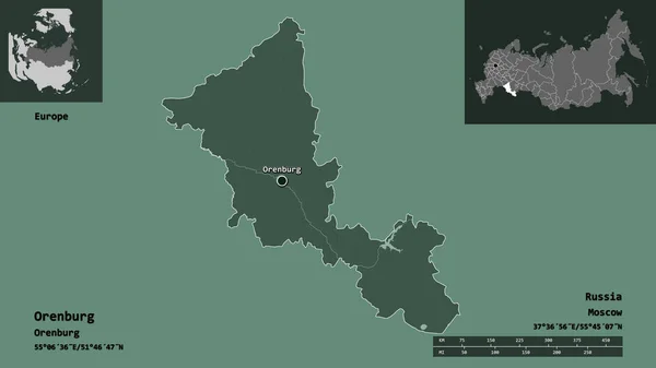 俄罗斯奥伦堡地区的形状及其首都 距离刻度 预览和标签 彩色高程图 3D渲染 — 图库照片