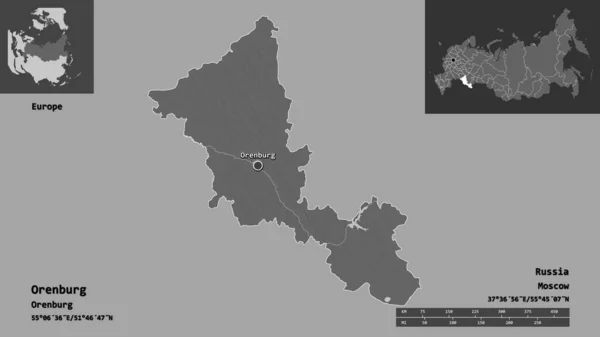 Shape Orenburg Region Russia Its Capital Distance Scale Previews Labels — Stock Photo, Image