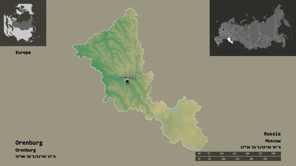 オレンブルクの形状 ロシアの地域 およびその首都 距離スケール プレビューおよびラベル 地形図 3Dレンダリング — ストック写真