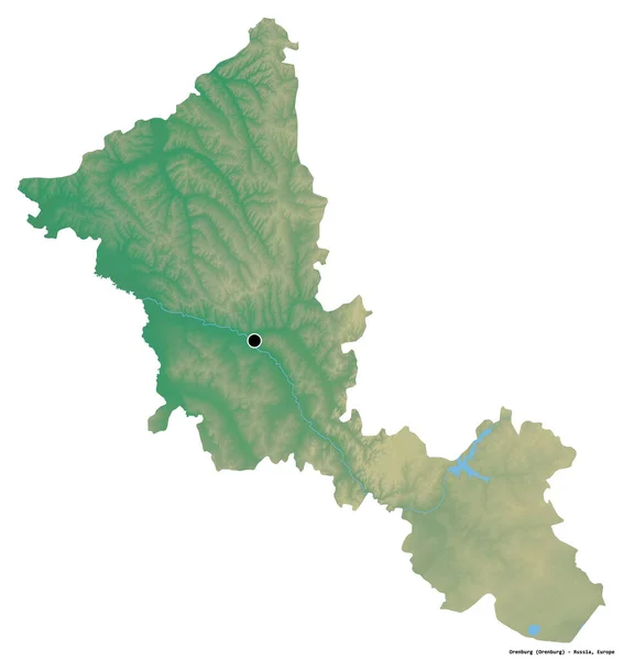 ロシアの領域であるオレンブルクの形で その首都は白い背景に孤立しています 地形図 3Dレンダリング — ストック写真