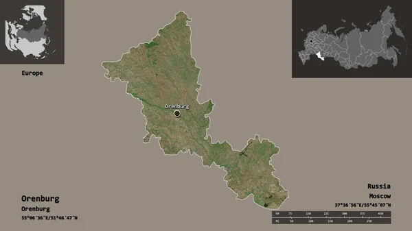 オレンブルクの形状 ロシアの地域 およびその首都 距離スケール プレビューおよびラベル 衛星画像 3Dレンダリング — ストック写真