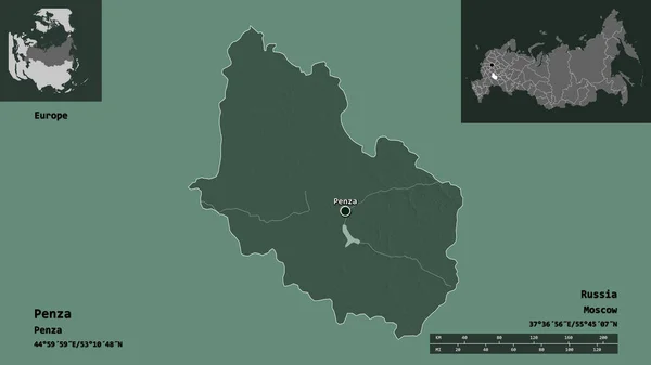 ペンザの形 ロシアの地域 およびその首都 距離スケール プレビューおよびラベル 色の標高マップ 3Dレンダリング — ストック写真