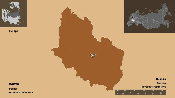 ペンザの形 ロシアの地域 およびその首都 距離スケール プレビューおよびラベル 規則的にパターン化されたテクスチャの構成 3Dレンダリング — ストック写真