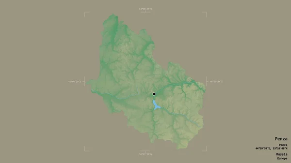 ロシアの地域であるペンザの地域は 洗練された境界の箱の中の強固な背景に隔離されています ラベル 地形図 3Dレンダリング — ストック写真