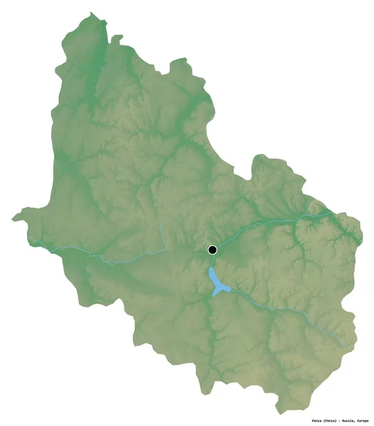俄罗斯彭扎地区的形状 其首都被白色背景隔离 地形浮雕图 3D渲染 — 图库照片
