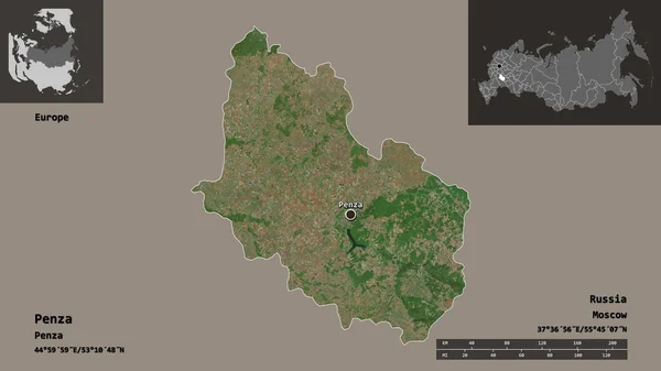 俄罗斯彭扎地区的形状及其首都 距离刻度 预览和标签 卫星图像 3D渲染 — 图库照片