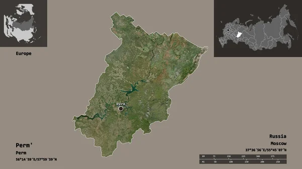 Perm 的形状 俄罗斯的领土和首都 距离刻度 预览和标签 卫星图像 3D渲染 — 图库照片