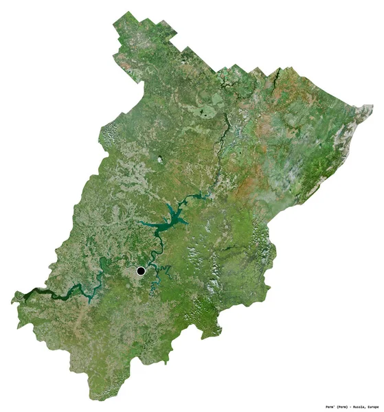 ロシアの領土であるPerm の形は 首都を白い背景に孤立させています 衛星画像 3Dレンダリング — ストック写真