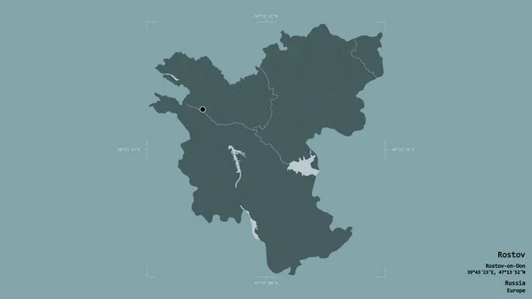 ロシアの地域であるロストフの地域は 洗練された境界の箱の中の強固な背景に隔離されています ラベル 色の標高マップ 3Dレンダリング — ストック写真