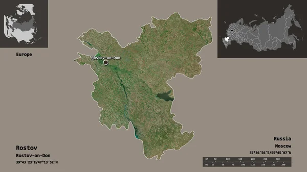 ロストフの形 ロシアの地域 およびその首都 距離スケール プレビューおよびラベル 衛星画像 3Dレンダリング — ストック写真