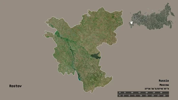 俄罗斯罗斯托夫地区的形状 其首都在坚实的背景下与世隔绝 距离尺度 区域预览和标签 卫星图像 3D渲染 — 图库照片