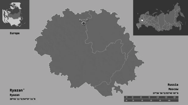リャザン ロシアの領域 およびその首都 距離スケール プレビューおよびラベル 標高マップ 3Dレンダリング — ストック写真