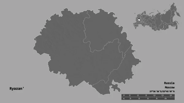 俄罗斯区域梁赞的形状 其首都在坚实的背景下与世隔绝 距离尺度 区域预览和标签 Bilevel高程图 3D渲染 — 图库照片