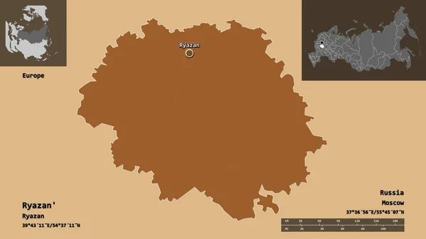 リャザン ロシアの領域 およびその首都 距離スケール プレビューおよびラベル 規則的にパターン化されたテクスチャの構成 3Dレンダリング — ストック写真