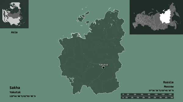 ロシアのサハ共和国とその首都の形 距離スケール プレビューおよびラベル 色の標高マップ 3Dレンダリング — ストック写真