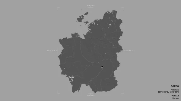 ロシアのサハ共和国の地域は 洗練された境界の箱の中の強固な背景に隔離されています ラベル 標高マップ 3Dレンダリング — ストック写真
