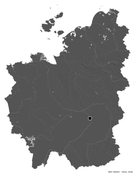 Kształt Sachy Republiki Rosji Stolicą Odizolowaną Białym Tle Dwupoziomowa Mapa — Zdjęcie stockowe