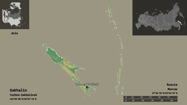 サハリン ロシアの領域 およびその首都の形状 距離スケール プレビューおよびラベル 地形図 3Dレンダリング — ストック写真