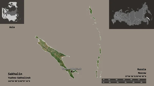 サハリン ロシアの領域 およびその首都の形状 距離スケール プレビューおよびラベル 衛星画像 3Dレンダリング — ストック写真