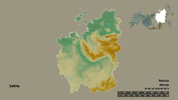 萨哈的形状 俄罗斯共和国 其首都孤立的坚实的背景 距离尺度 区域预览和标签 地形浮雕图 3D渲染 — 图库照片