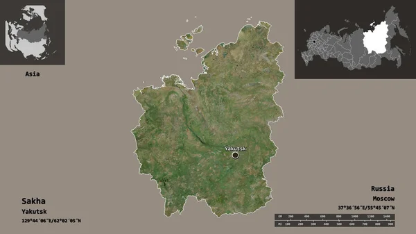 ロシアのサハ共和国とその首都の形 距離スケール プレビューおよびラベル 衛星画像 3Dレンダリング — ストック写真