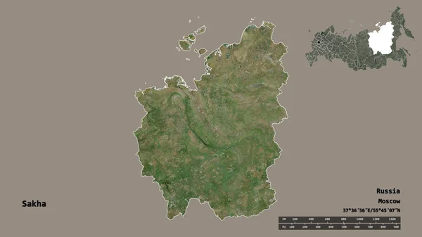 萨哈的形状 俄罗斯共和国 其首都孤立的坚实的背景 距离尺度 区域预览和标签 卫星图像 3D渲染 — 图库照片
