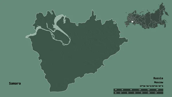俄罗斯萨马拉地区的形状 其首都在坚实的背景下与世隔绝 距离尺度 区域预览和标签 彩色高程图 3D渲染 — 图库照片