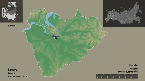 サマラの形 ロシアの地域 およびその首都 距離スケール プレビューおよびラベル 地形図 3Dレンダリング — ストック写真