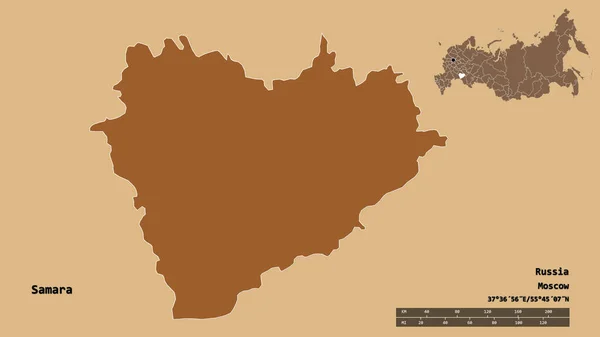 ロシアの領域であるサマラの形は その資本がしっかりとした背景に隔離されています 距離スケール リージョンプレビュー およびラベル 規則的にパターン化されたテクスチャの構成 3Dレンダリング — ストック写真