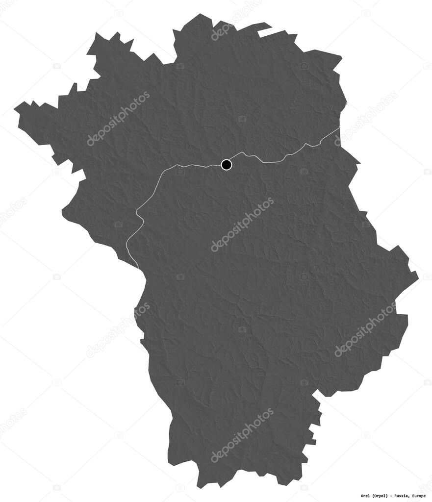 Shape of Orel, region of Russia, with its capital isolated on white background. Bilevel elevation map. 3D rendering