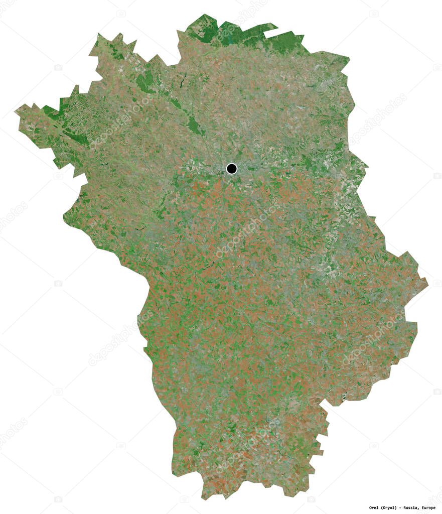 Shape of Orel, region of Russia, with its capital isolated on white background. Satellite imagery. 3D rendering