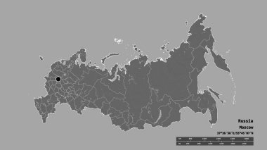 Desaturated shape of Russia with its capital, main regional division and the separated Saratov area. Labels. Bilevel elevation map. 3D rendering clipart