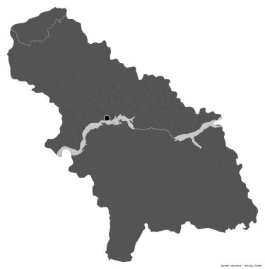 Rusya 'nın Saratov bölgesi, başkenti beyaz arka planda izole edilmiş. Çift seviyeli yükseklik haritası. 3B görüntüleme