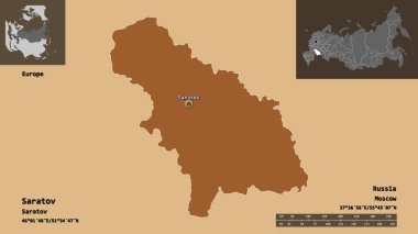 Saratov 'un şekli, Rusya bölgesi ve başkenti. Uzaklık ölçeği, ön gösterimler ve etiketler. Düzenli desenli dokuların bileşimi. 3B görüntüleme