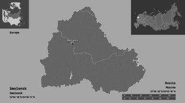 Smolensk 'in şekli, Rusya bölgesi ve başkenti. Uzaklık ölçeği, ön gösterimler ve etiketler. Çift seviyeli yükseklik haritası. 3B görüntüleme