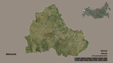 Rusya 'nın Smolensk bölgesi, başkenti sağlam bir zemin üzerinde izole edilmiş. Uzaklık ölçeği, bölge önizlemesi ve etiketleri. Uydu görüntüleri. 3B görüntüleme