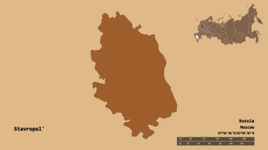 Stavropol 'ün şekli, Rusya toprakları, sermayesi sağlam arka planda izole edilmiş. Uzaklık ölçeği, bölge önizlemesi ve etiketleri. Düzenli desenli dokuların bileşimi. 3B görüntüleme