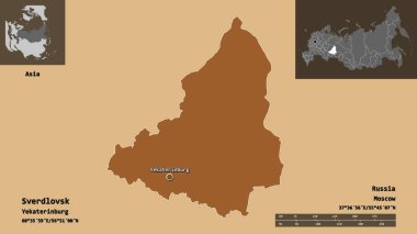 Sverdlovsk 'un şekli, Rusya bölgesi ve başkenti. Uzaklık ölçeği, ön gösterimler ve etiketler. Düzenli desenli dokuların bileşimi. 3B görüntüleme