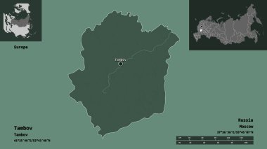 Tambov 'un şekli, Rusya bölgesi ve başkenti. Uzaklık ölçeği, ön gösterimler ve etiketler. Renkli yükseklik haritası. 3B görüntüleme
