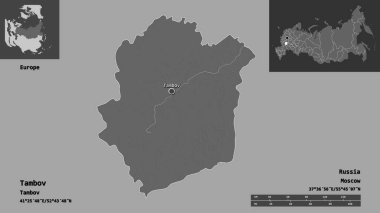 Tambov 'un şekli, Rusya bölgesi ve başkenti. Uzaklık ölçeği, ön gösterimler ve etiketler. Çift seviyeli yükseklik haritası. 3B görüntüleme