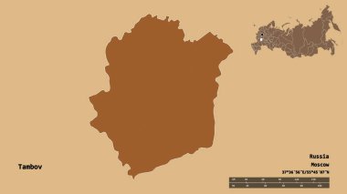 Tambov 'un şekli, Rusya bölgesi, başkenti sağlam arka planda izole edilmiş. Uzaklık ölçeği, bölge önizlemesi ve etiketleri. Düzenli desenli dokuların bileşimi. 3B görüntüleme