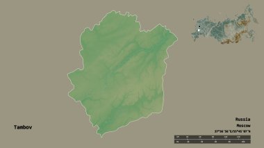 Tambov 'un şekli, Rusya bölgesi, başkenti sağlam arka planda izole edilmiş. Uzaklık ölçeği, bölge önizlemesi ve etiketleri. Topografik yardım haritası. 3B görüntüleme