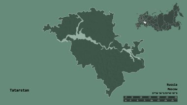 Rusya cumhuriyeti Tataristan 'ın şekli, başkenti sağlam bir zemin üzerinde izole edilmiş. Uzaklık ölçeği, bölge önizlemesi ve etiketleri. Renkli yükseklik haritası. 3B görüntüleme