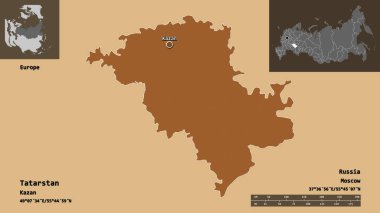 Tataristan 'ın şekli, Rusya Cumhuriyeti ve başkenti. Uzaklık ölçeği, ön gösterimler ve etiketler. Düzenli desenli dokuların bileşimi. 3B görüntüleme