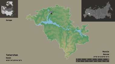 Tataristan 'ın şekli, Rusya Cumhuriyeti ve başkenti. Uzaklık ölçeği, ön gösterimler ve etiketler. Topografik yardım haritası. 3B görüntüleme