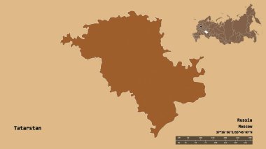 Rusya cumhuriyeti Tataristan 'ın şekli, başkenti sağlam bir zemin üzerinde izole edilmiş. Uzaklık ölçeği, bölge önizlemesi ve etiketleri. Düzenli desenli dokuların bileşimi. 3B görüntüleme