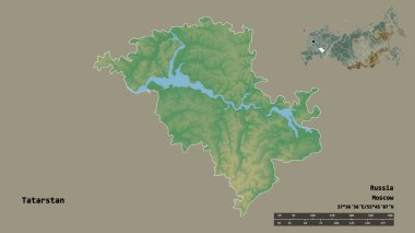 Rusya cumhuriyeti Tataristan 'ın şekli, başkenti sağlam bir zemin üzerinde izole edilmiş. Uzaklık ölçeği, bölge önizlemesi ve etiketleri. Topografik yardım haritası. 3B görüntüleme