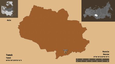 Tomsk 'un şekli, Rusya bölgesi ve başkenti. Uzaklık ölçeği, ön gösterimler ve etiketler. Düzenli desenli dokuların bileşimi. 3B görüntüleme