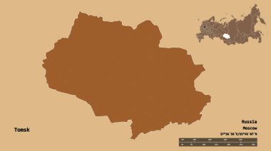 Rusya 'nın Tomsk bölgesi, başkenti sağlam bir zemin üzerinde izole edilmiş. Uzaklık ölçeği, bölge önizlemesi ve etiketleri. Düzenli desenli dokuların bileşimi. 3B görüntüleme