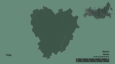 Rusya 'nın başkenti sağlam bir zemin üzerinde izole edilmiş Tula' nın şekli. Uzaklık ölçeği, bölge önizlemesi ve etiketleri. Renkli yükseklik haritası. 3B görüntüleme